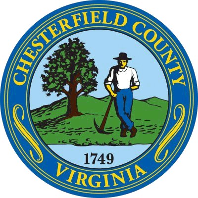 The state seal of Chesterfield Virginia features a blue background with a circular seal depicting a farmer and a tree.